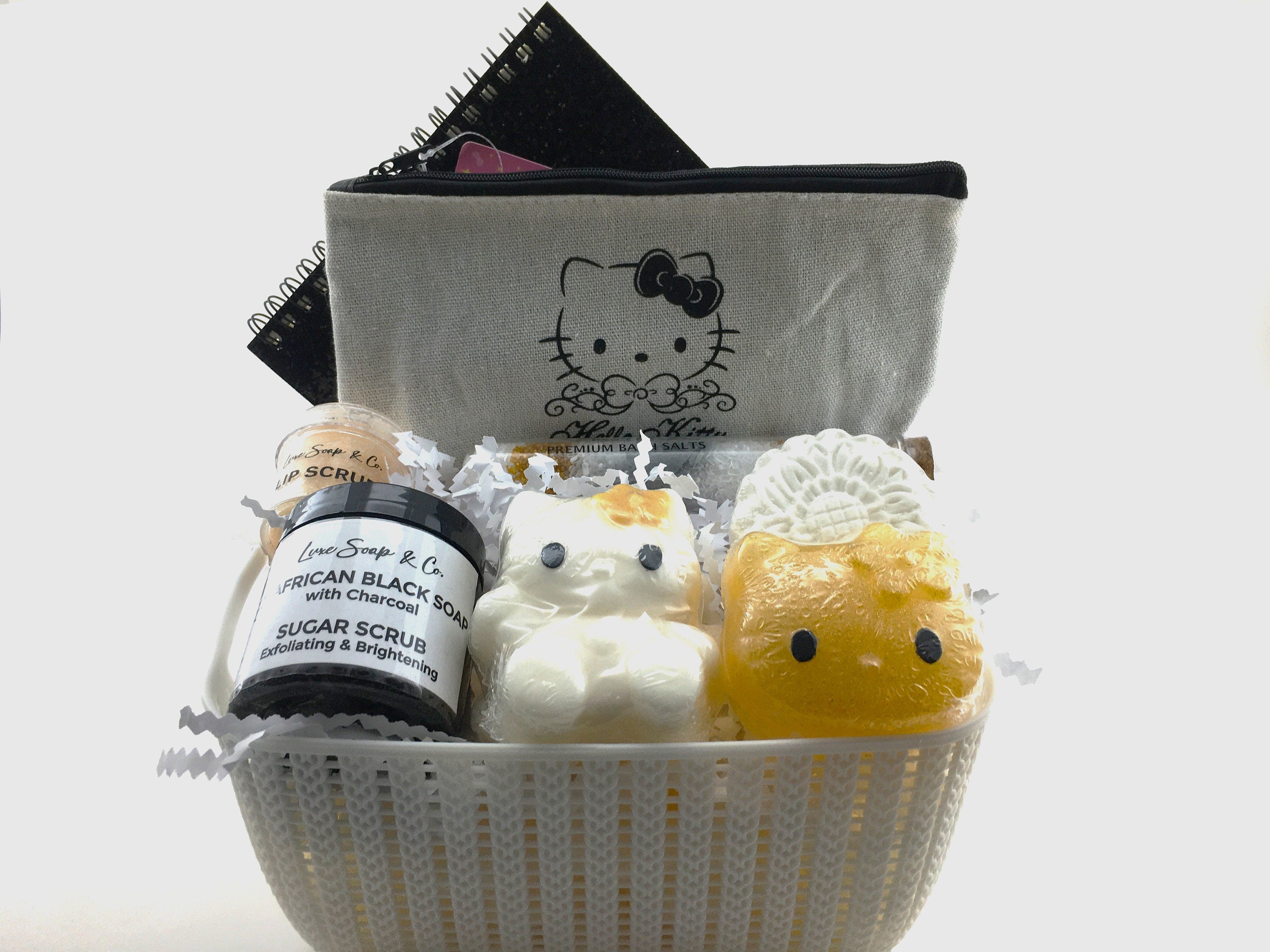 Hello Kitty, Gift Box, Vegan, All Natural, Handmade, Soap, Self-Care, Gifts For Her, Birthday, Scrub, Bath Time, Lip, Notebook.